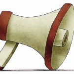 illustration_of_boss_shouting_at_businessman_through_a_big_megaphone_so_loudly_his_hair_being_blown_by_strong_wind._isolated,_white_background.