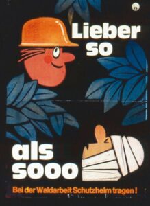 Kopfschutz bei der Waldarbeit: Historisches Plakat der DGUV